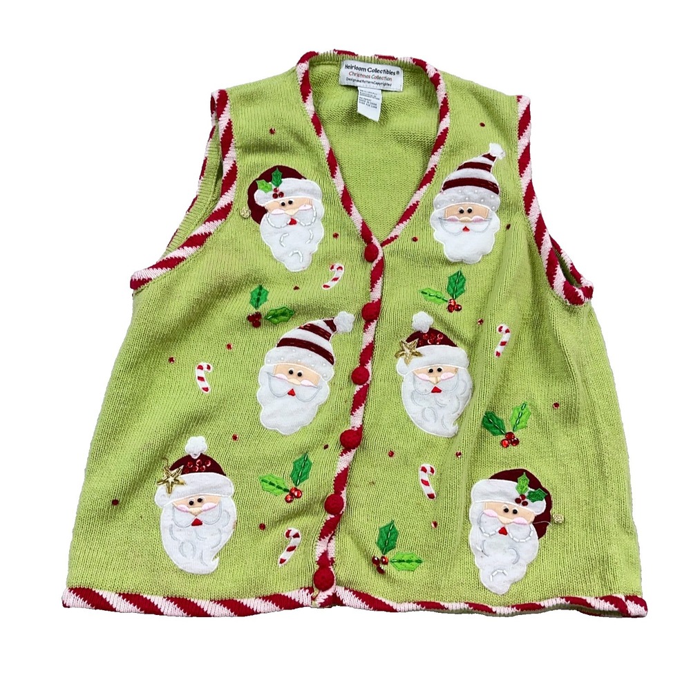 Vintage Christmas Sweater Vest Women Large Green Santa Claus Heirloom Cardigan *